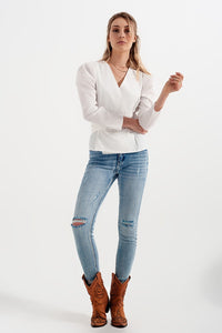 Puff Sleeve Wrap Front Top With Belt Detail in White