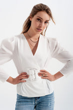 Load image into Gallery viewer, Puff Sleeve Wrap Front Top With Belt Detail in White